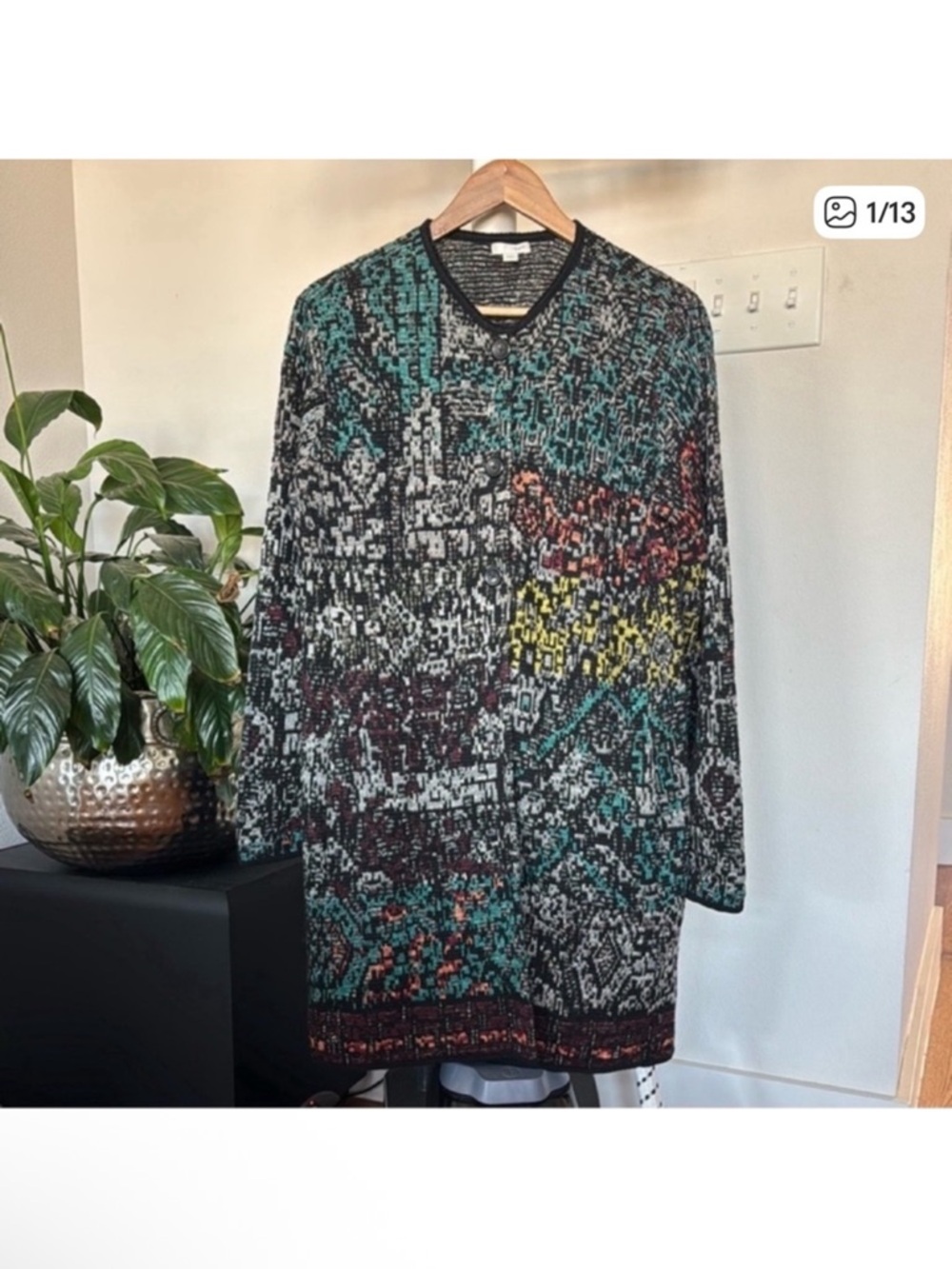 J JILL Women's Black Jacquard Multicolor Print Cardigan Button Sweater Coat Sz S